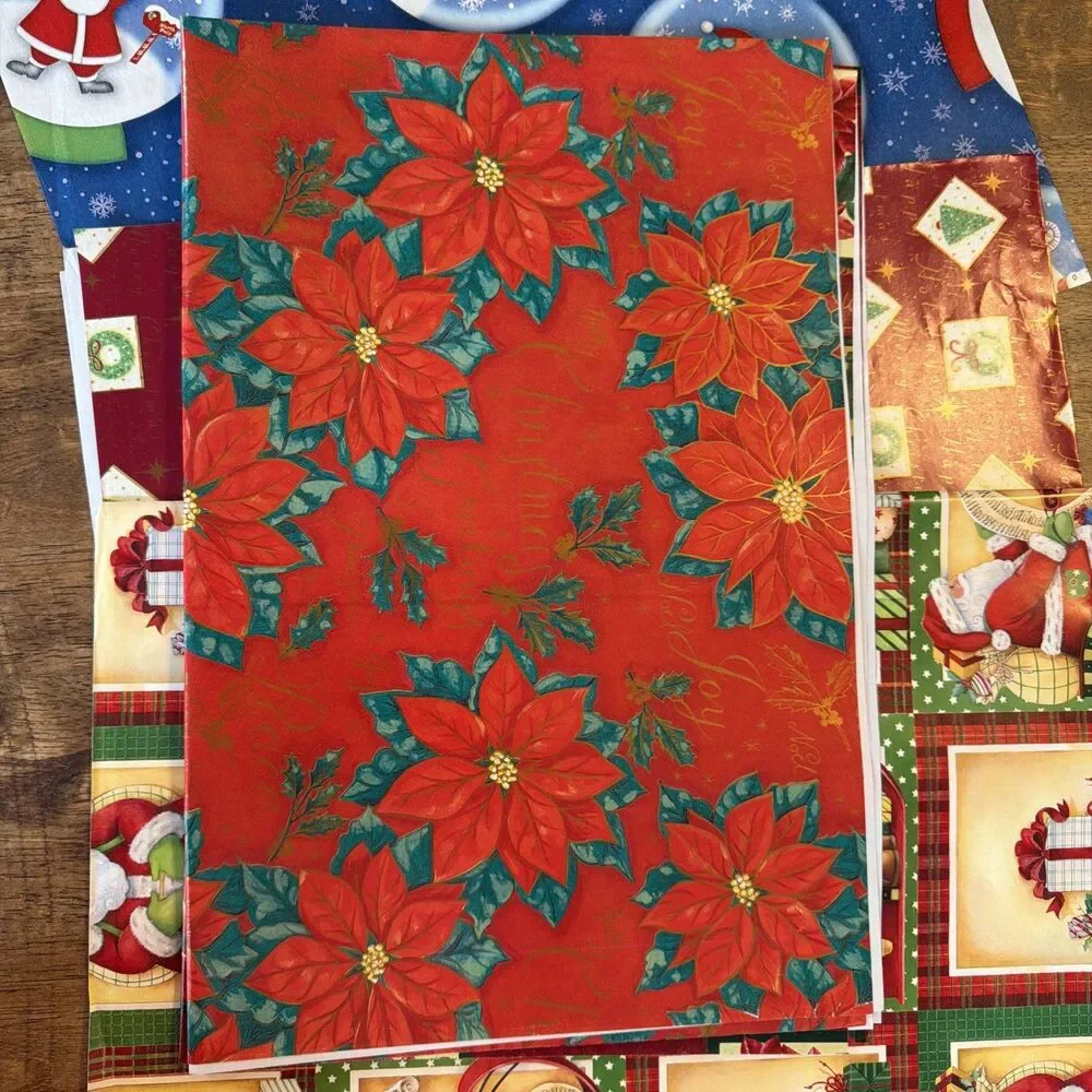 Lot of Flat Christmas Wrapping Paper Poinsettia Santa Wreath Holiday Gift Wrap